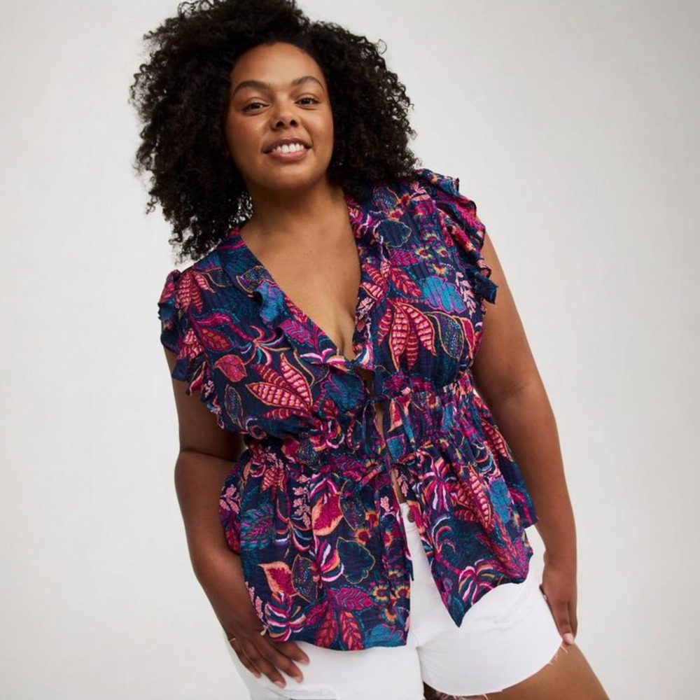 Torrid Tropical Leaf Print Ruffle Peplum Top Navy‎ Pink 4X Plus Size Blouse
